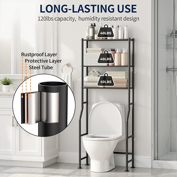GloTika 3-Tier Over Toilet Storage Rack, Anti-Wobble, Black - Image 6