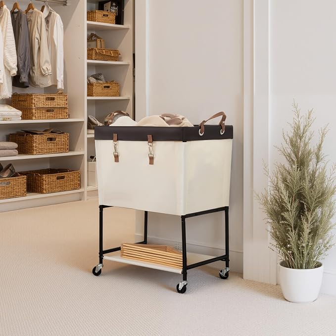 StorageWorks Laundry Cart, 2 Tier Rolling Basket with Wheels, 29 Gal, Beige - Image 6