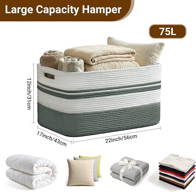 75L Large Blanket Basket, 22"x17"x12"Rectangle Cotton Rope Woven Storage Basket with Handles, Laundry Hamper for Living Room, Nursery, Bedroom - Chemical-Free, Kid & Pet Safe - Sage Green - Image 2
