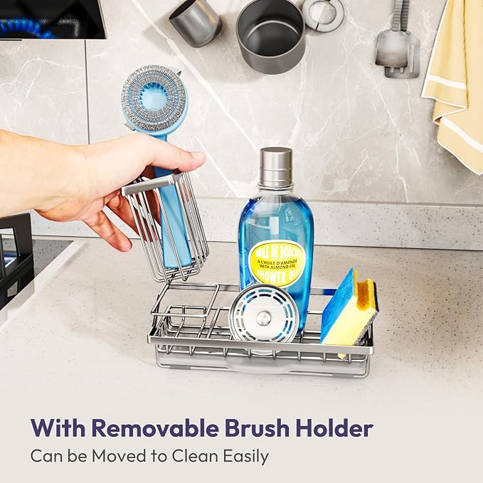 SWTYMIKI Kitchen Sink Caddy Sponge Holder, Kitchen Sink Organzier and Storage with High Brush Holder and Drip Tray for Dish Sponges, Silver - Image 2