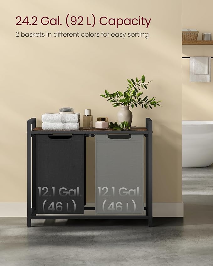 VASAGLE Laundry Hamper with Shelf, 2 Pull-Out Bags, 2 x 12.1 Gallons (46 L) - Image 3