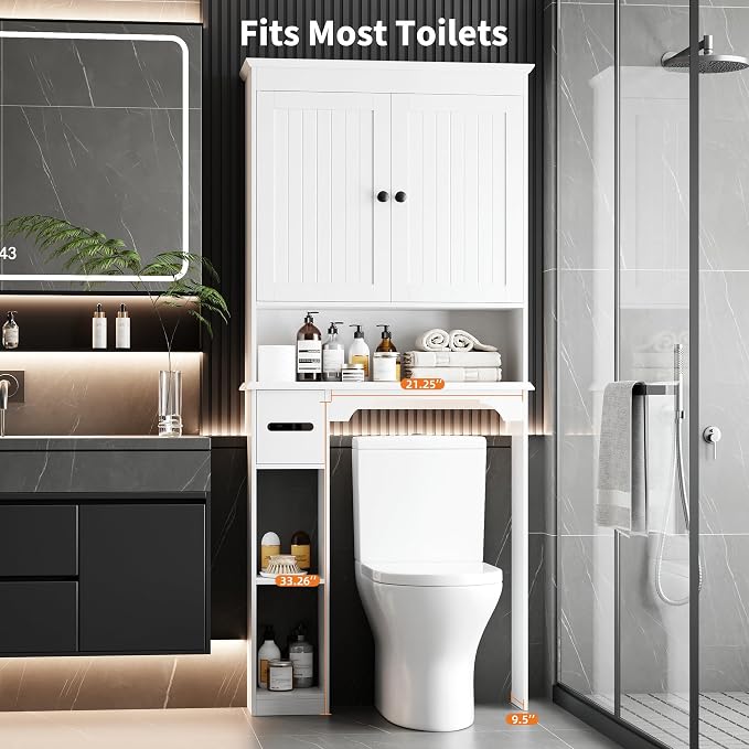 GarveeTech 30 Inches Wide Toilet Rack with Over the Toilet Storage Cabinet, Bathroom Shelf Organizer with Anti-Tip Device, Small Freestanding Space Saver with Adjustable Shelf，White - Image 3