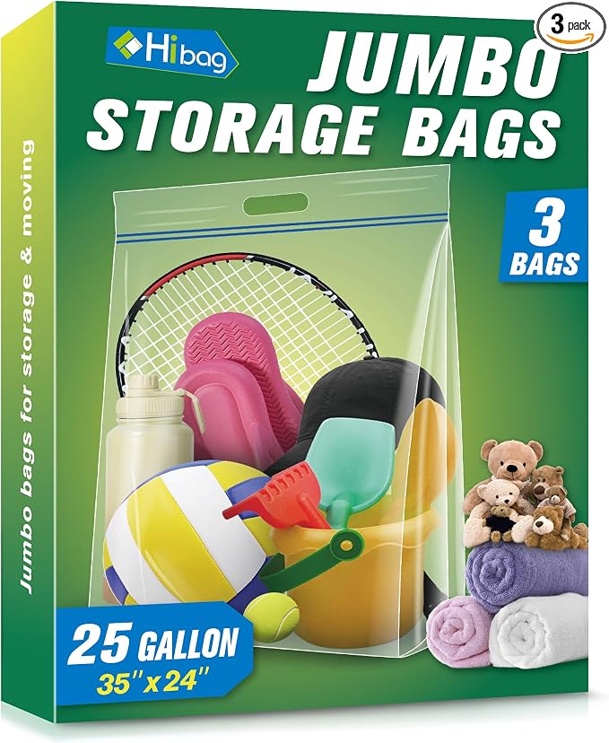 HIBAG 25 Gallon Jumbo Storage Bags, 35” x 24” Resealable Clear Bags with Handle, Extra Large XL Heavy Duty for Clothes Pillow Travel Moving, Pack of 3 by HIBAG
