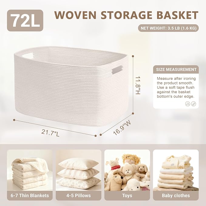 72L Large Woven Laundry Basket Hamper with Handles, White - Image 2
