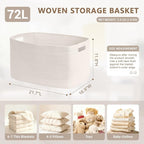 72L Large Woven Laundry Basket Hamper with Handles, White - Image 2