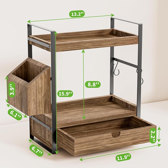 2-Tier Bathroom Counter Organizer, Wooden Vanity Shelf with Drawer & Basket - Image 2