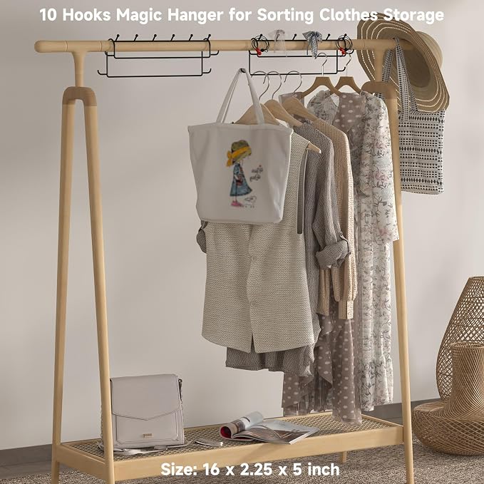 Space Saving Hangers for Clothes: 2 Pack 16 Inch 10 Hooks Magic Hanger Closet Organizer Metal Heavy Duty Hangers for Shirt Coat Pants Skirt Sorting Storage - Black - Image 3