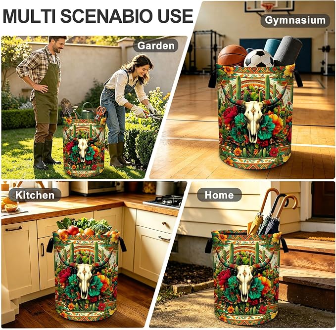 Western Skull Cactus Laundry Basket Foldable Laundry Hamper With Handles Clothes Storage Bucket Organizer Laundry Bag For Bedroom Bathroom Laundry Storage 19.6 x 15.7 - Image 8