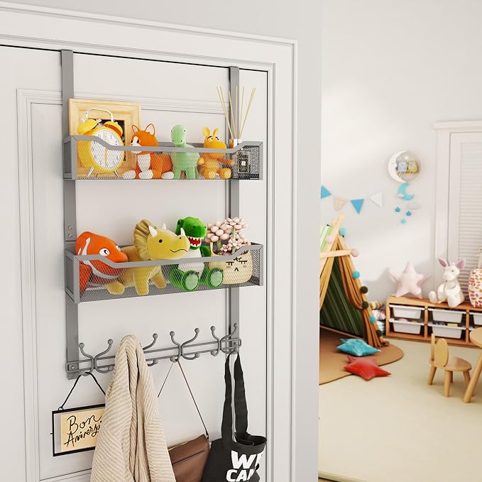 SWTYMIKI Over The Door Hooks Organizer - Multi-Functional Door Hanger with 16 Hooks & 2 Mesh Baskets, Long Coat Rack for Bathroom, Bedroom, Living Room, Home Storage Organizer, Gray - Image 5