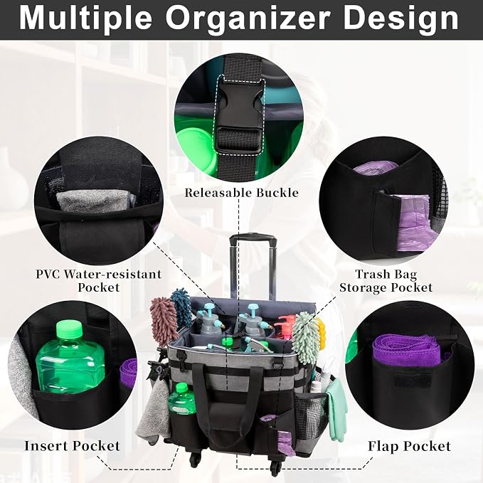 Large Rolling Cleaning Caddy with Wheels, Cleaning Supplies Organizer - Image 6