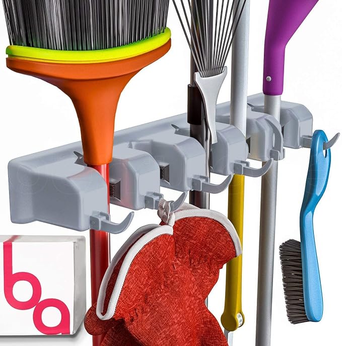 Berry Ave Broom Holder Wall Mount and Garden Tool Organizer, Closet Storage, Kitchen Rack, Home Organization and Garage Organizer for Rake or Mop Handles Up to 1.25-Inches, Hanger Plus 6 Hooks (Grey) by BerryAve