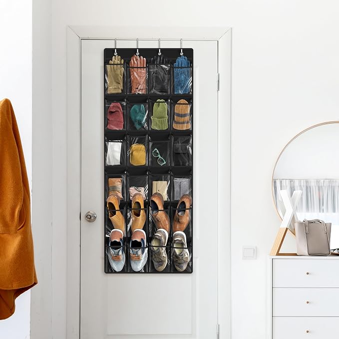 Simple Houseware 24 Pockets Large Clear Over the Door Shoe Organizer, Black | 56" x 22.5", 4 Durable Metal Hooks, 5" x 9" Pocket Size, Multipurpose - Image 8