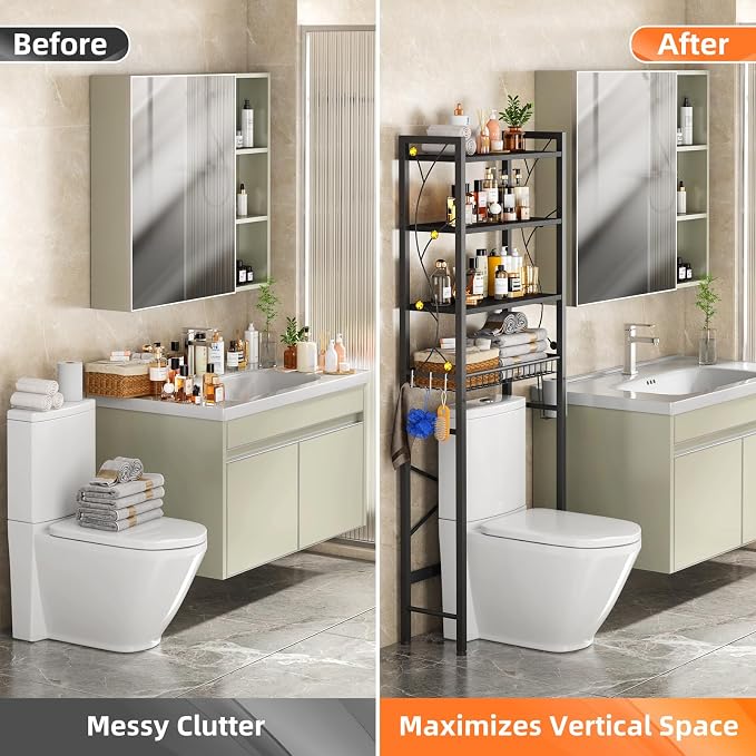Over-The-Toilet Storage Rack, 4-Tier Bathroom Organizer Shelf Over Toilet with Adjustable Shelf and Basket, Freestanding Space Saver Bathroom Shelves Above Toilet for Room (Pure Black) - Image 5