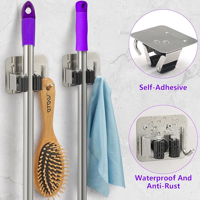 Broom Holder Wall Mount Rack, 304 Stainless Steel Mop and Tool Organizer - Image 4
