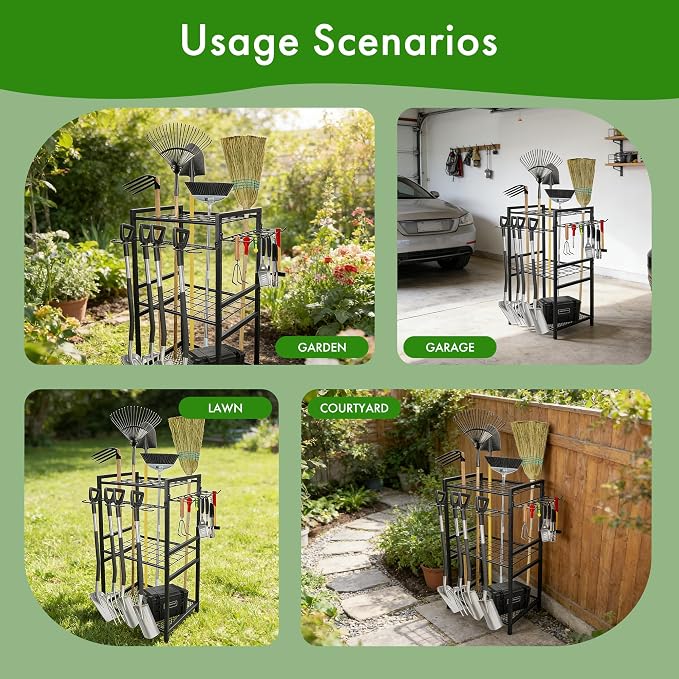 Garage Storage Rack, 70-Hole Multi-Scene Tool Organizer with Adjustable Feet & T-Handle Hooks, Indoor & Outdoor Tool Storage Holder for Broom, Mop, Shovel, No-Tool Assembly, Black - Image 7