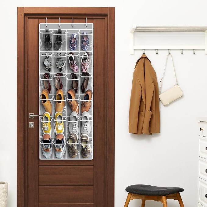 Simple Houseware 24 Pockets Large Clear Over the Door Shoe Organizer, Gray | 56" x 22.5", 4 Durable Metal Hooks, 5" x 9" Pocket Size, Multipurpose - Image 6