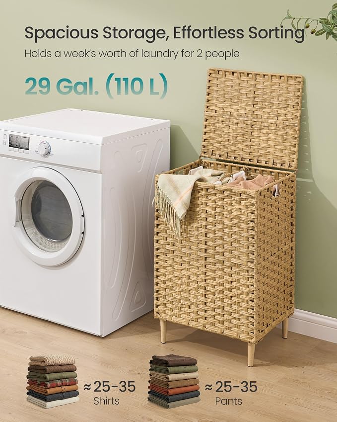 SONGMICS 2-Section Laundry Hamper with Lid, PE Rattan, 29 Gallons (110 L) - Image 3