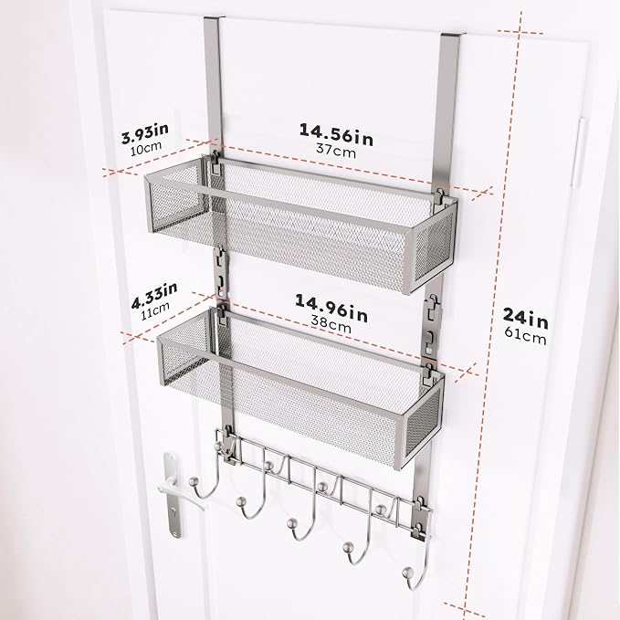 Consumest Over The Door Hooks Organizer - 3 Tier Door Hanger with 9 Coat Hooks & 2 Mesh Basket, Back Storage Organizer Hanging Towels for Bathroom, Bedroom, Sand Nickel - Image 8