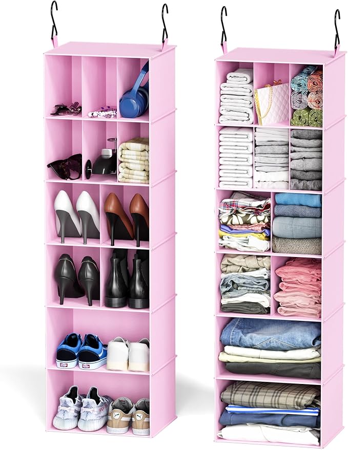 SpaceAid 2 Pack Hanging Closet Organizer and Storage with Dividers, 24 Compartments Hanging Shoe Shelves for Closet, Wardrobe, RV, Garment Rack - Pink by SpaceAid