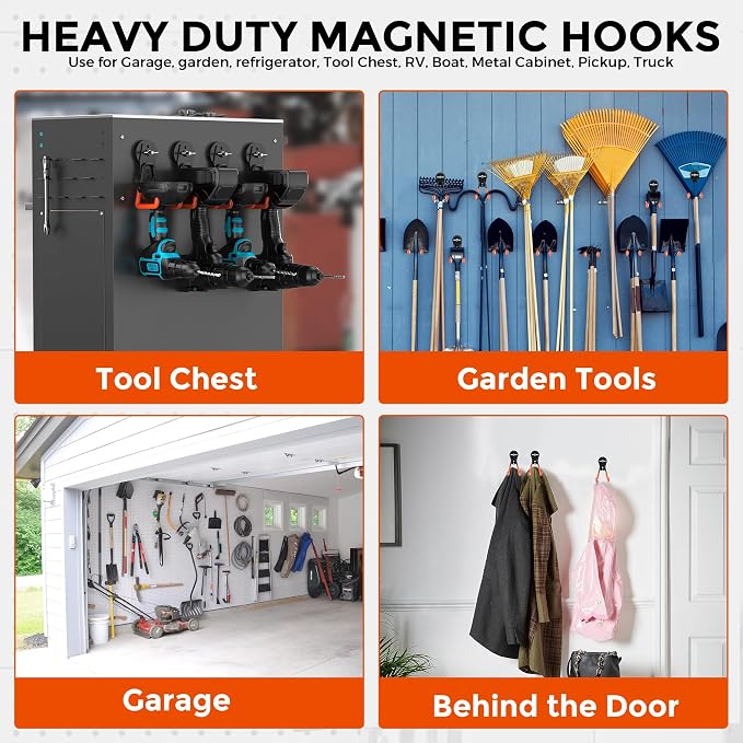 4 Pcs Large Strong Magnetic Hooks Heavy Duty Garage Big Magnet Hooks Extra Strength Magnetic Utility Storage Hook Hanger with Anti Slip Coating for Garden Indoor Outdoor Hanging Tools Orange - Image 7