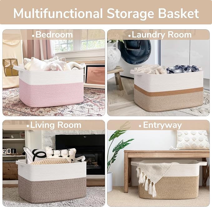 Goodpick Large Woven Rope Blanket Basket, Rectangle, White & Camel Mix - Image 4