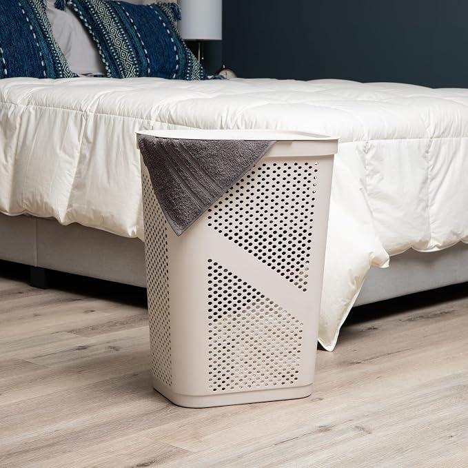 Mind Reader 60L Slim Laundry Hamper, Clothes Basket, Lid, Ventilated, Plastic, Set of 2, Ivory - Image 2