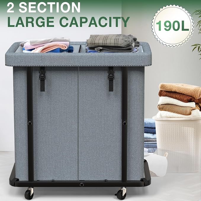 Laundry Basket with Lid,190L Rolling Laundry Hamper with Wheels,Grey - Image 2