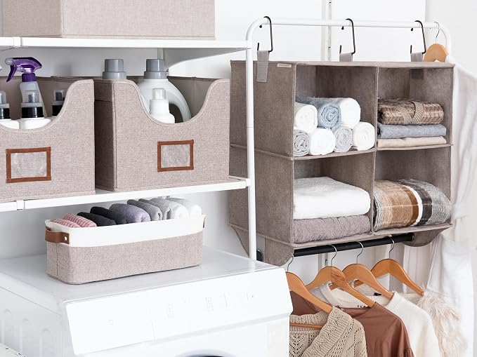 StorageWorks Hanging Closet Organizer with Rod, 4 Sections, 2 Tiers, Brown | Maximize Closet Space with 4 Open Sections and Built-in Rod for Hanging Clothes Below - Image 5
