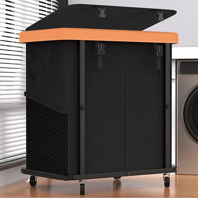 Laundry Basket with Wheels,190L Leather Patchwork Laundry Hamper 2 Setion by Unlockyourhomestoragelife