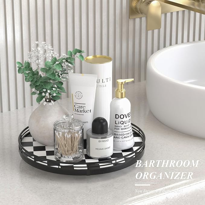 AMH 12 Inch Black and White Checkerboard Lazy Susan with Oak Wood Base - Image 2