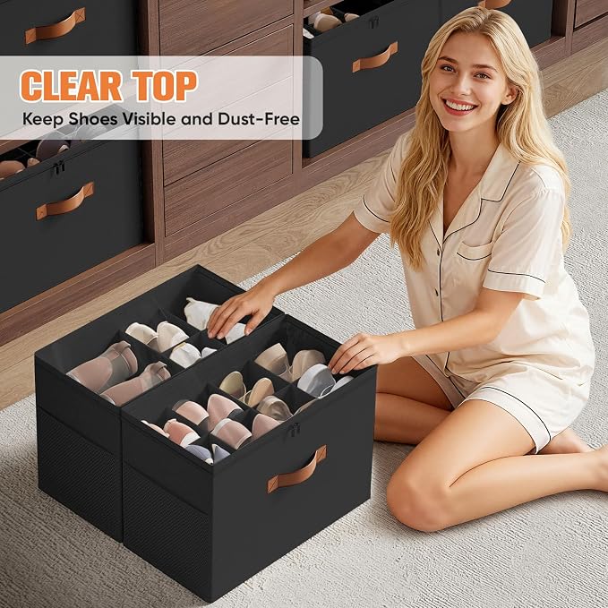 Shoe Organizer for Closet, 2-Pack Foldable Shoe Storage Box with Adjustable Dividers & Clear Cover, Fits 16 Pairs, Black, Durable and Space-Saving - Image 6