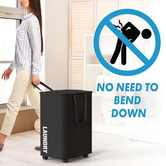 Simple Houseware Large 82L Laundry Basket with Wheels and Handles, Black - Image 2