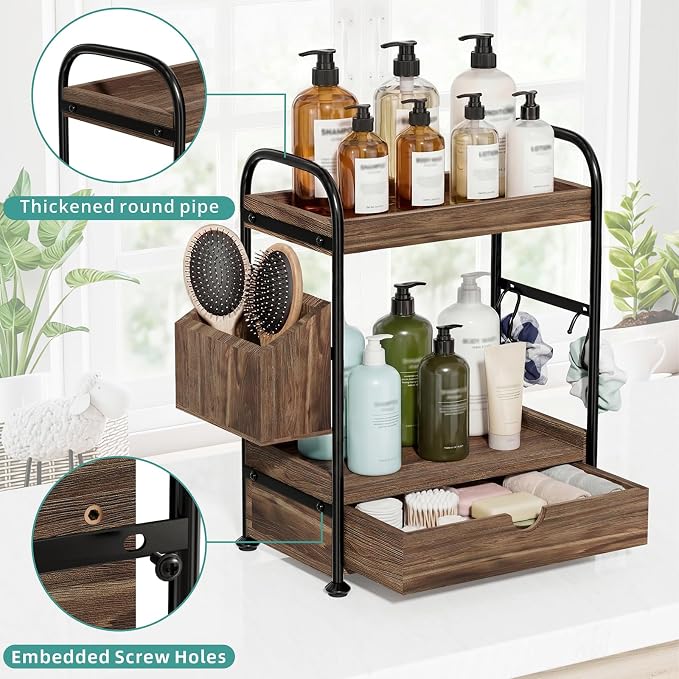 2-Tier Bathroom Counter Organizer with Drawer, Wooden Vanity Skincare Shelf - Image 5