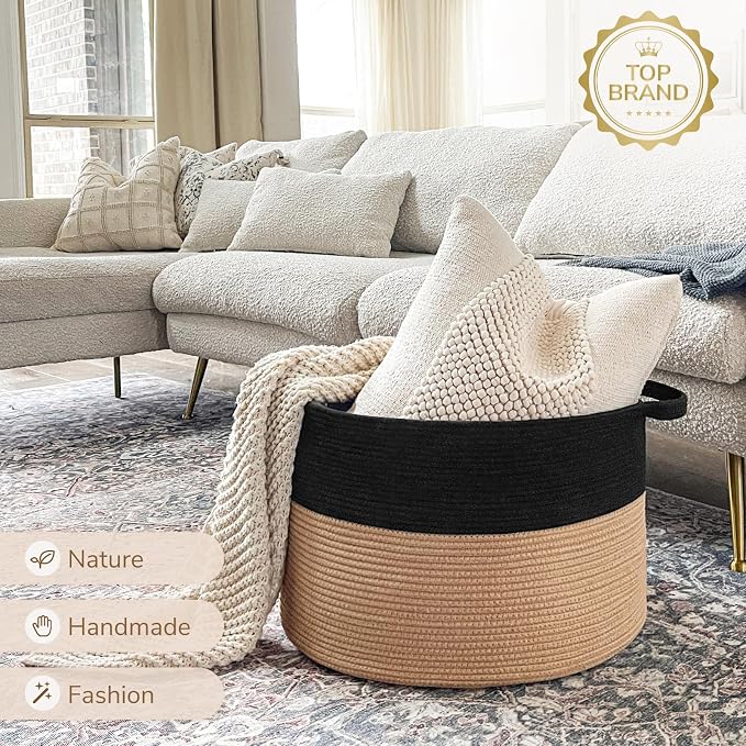 INDRESSME XXXLarge Woven Rope Blanket Basket Living Room Black Camel, 90L - Image 7