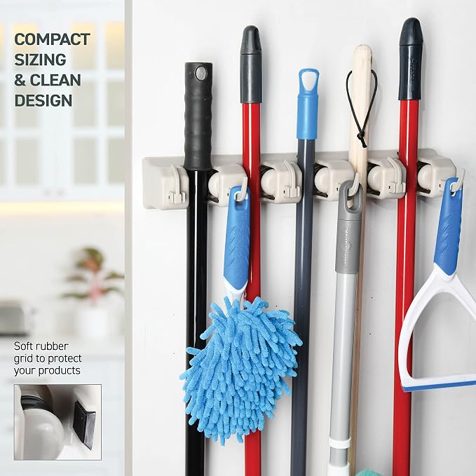 HOME IT Broom and Mop Holder Wall Mount – Heavy Duty Garage Organizer with 5 Slots & 6 Hooks, 7.5lbs Capacity Per Slot - Easy Install Storage Rack for Home, Kitchen, Laundry Room & Garden - Off-White - Image 7