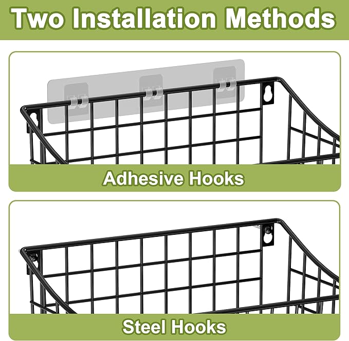 Wall Mounted Bin Basket with 5 Hooks 3 Label Plate Adhesive-3 Pack, Cabinet Hanging Metal Wire Basket,Rustic Farmhouse Decor, Storage Organization Shelf for Pantry Kitchen Bathroom 10.6*7.5*5.1inch - Image 3