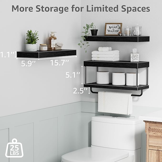 QEEIG Bathroom Floating Shelves Over Toilet - Wall Mounted Shelf Toilet Paper Storage Farmhouse 16 inch Set of 3, Black (027-40B3) - Image 3