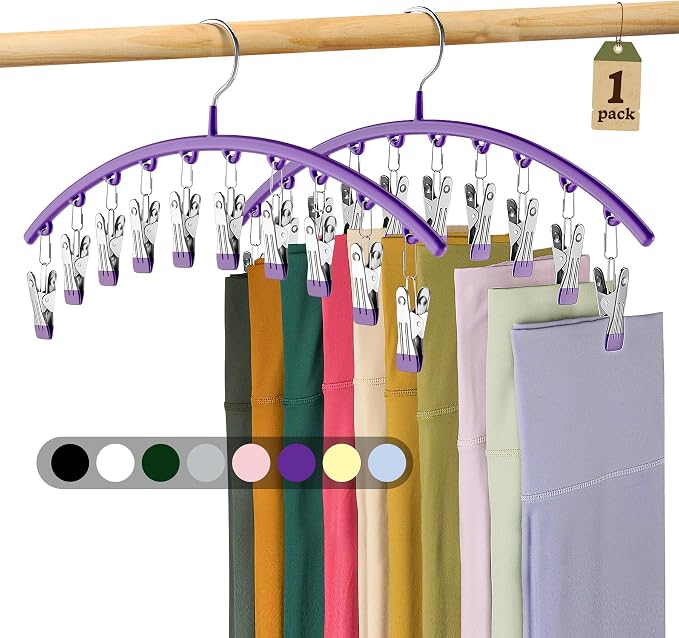 Volnamal Legging Organizer for Closet,1 Pack Metal Yoga Pants Hanger-Purple | Clothes Hanger w/10 Clips Hold 10 Leggings,Space Saving Hanging Closet Organizer College Dorm Essentials Apartment Essential by Volnamal