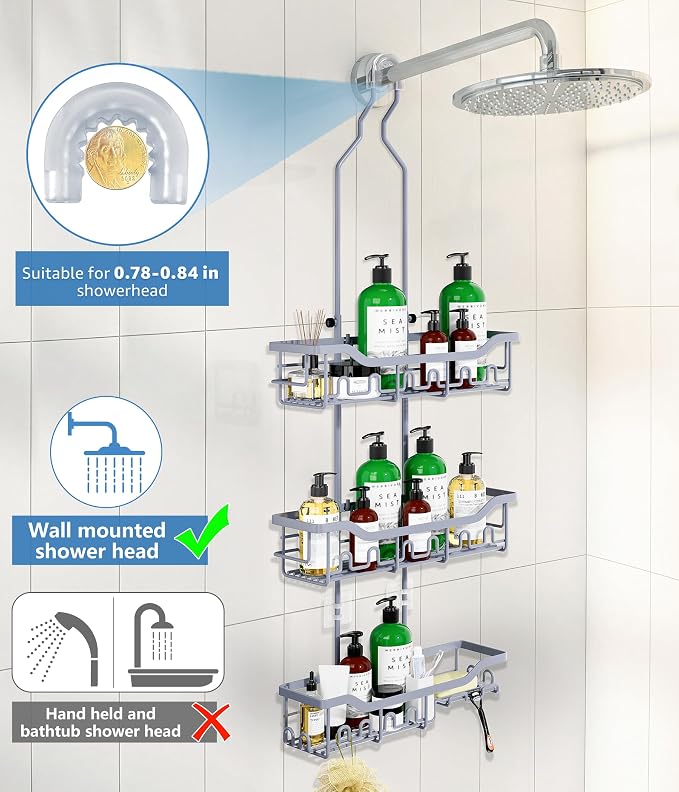 Adjustable Shower Caddy Hanging, Extended Length Organizer Over Shower Head, 3 Tier Long Neck Shower Rack with Soap Holder for Large Storage, Grey - Image 5
