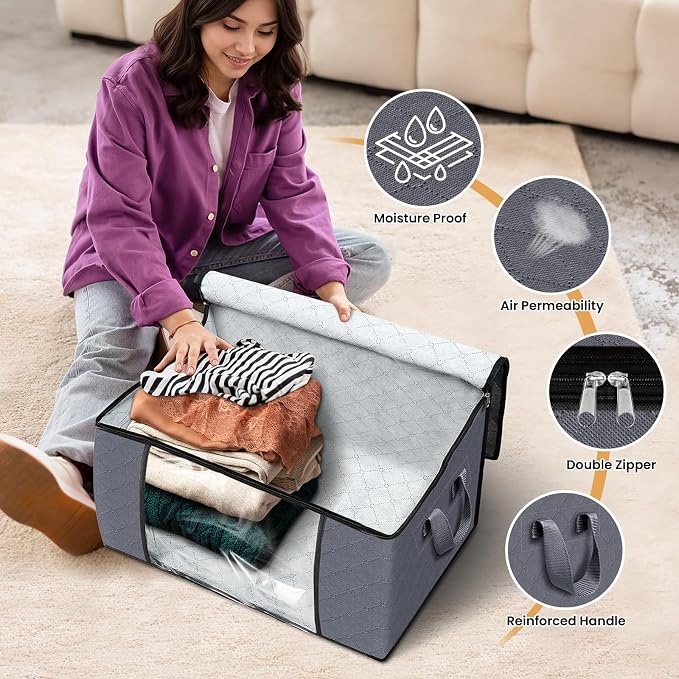 Fab totes 6 Pack Storage Bags for Clothes Blanket Storage Bins with Lids | Foldable Closet Organizers with Zippers,Window and Handles,Fabric Storage Bins for Sweater,Comforter,Bedding,Dorm essentials - Image 4