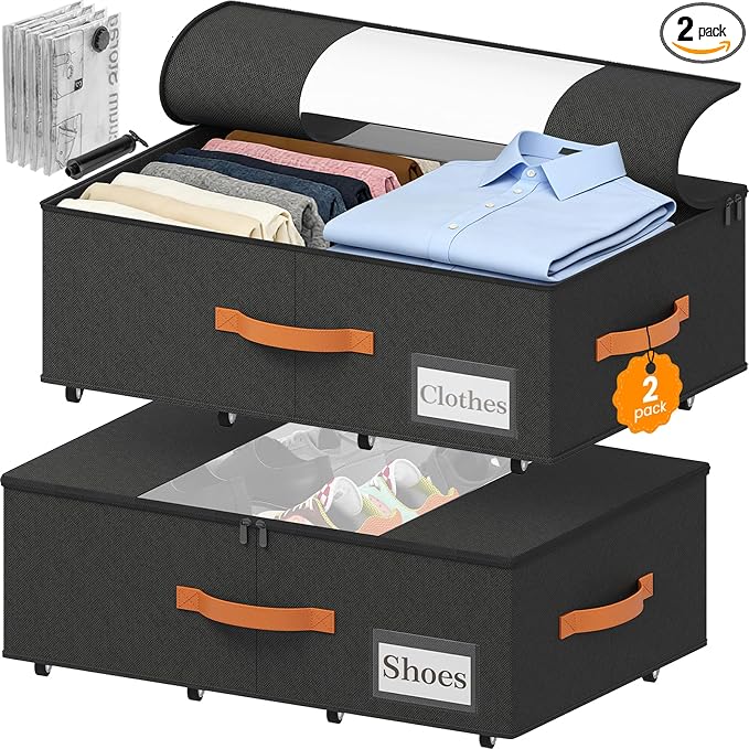 TOSKING 2-Pack Under Bed Storage Bins with Wheels, 4 Vacuum Bags, Heavy Duty 80 lbs, 7.9" Height, 47L Clear Lid Organizer, Space Saver for Dorm Bedroom Clothes Shoes Toys, Quick Assembly, Black by TOSKINGESSENCE