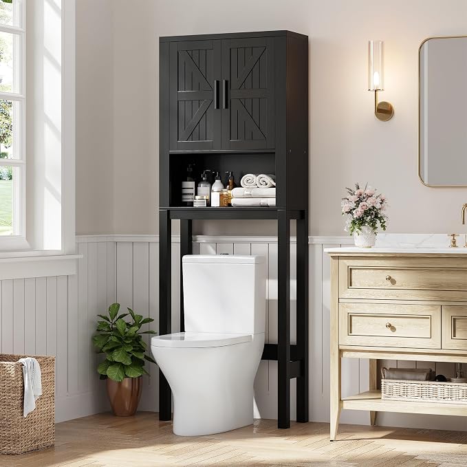GarveeTech Over the Toilet Cabinet, Double Door Bathroom Storage Organizer, Toilet Rack with Open Storage Shelf, FreeStanding Toilet Shelf Space Saver, for Bathroom, Restroom, Laundry by GarveeTech