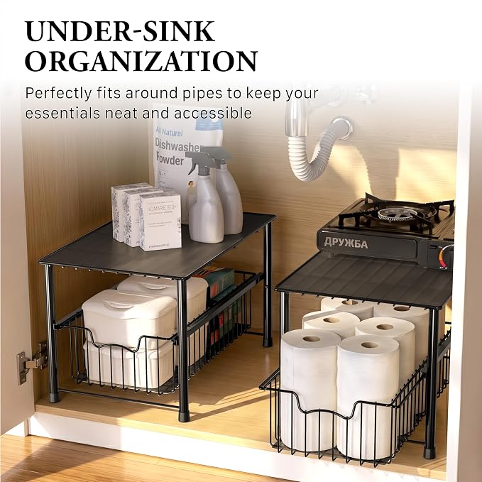 Simple Houseware Wired Stackable Under Sink Cabinet Sliding Basket, Black - Image 6