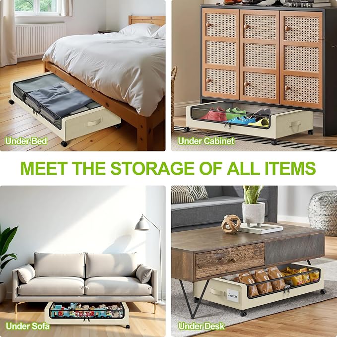 Molutsody Under Bed Storage with Wheels, 4-Pack UnderBed Storage Containers with Clear Lids, Under Bed Shoe Storage Organizer, Rolling Under Bed Storage for Clothes Shoes Blankets (Beige) - Image 5