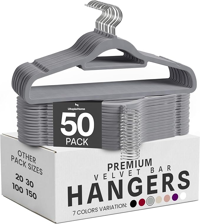 Utopia Home Velvet Hangers 50 Pack – Premium Hangers with Tie Bar - Grey by UTOPIAHOME