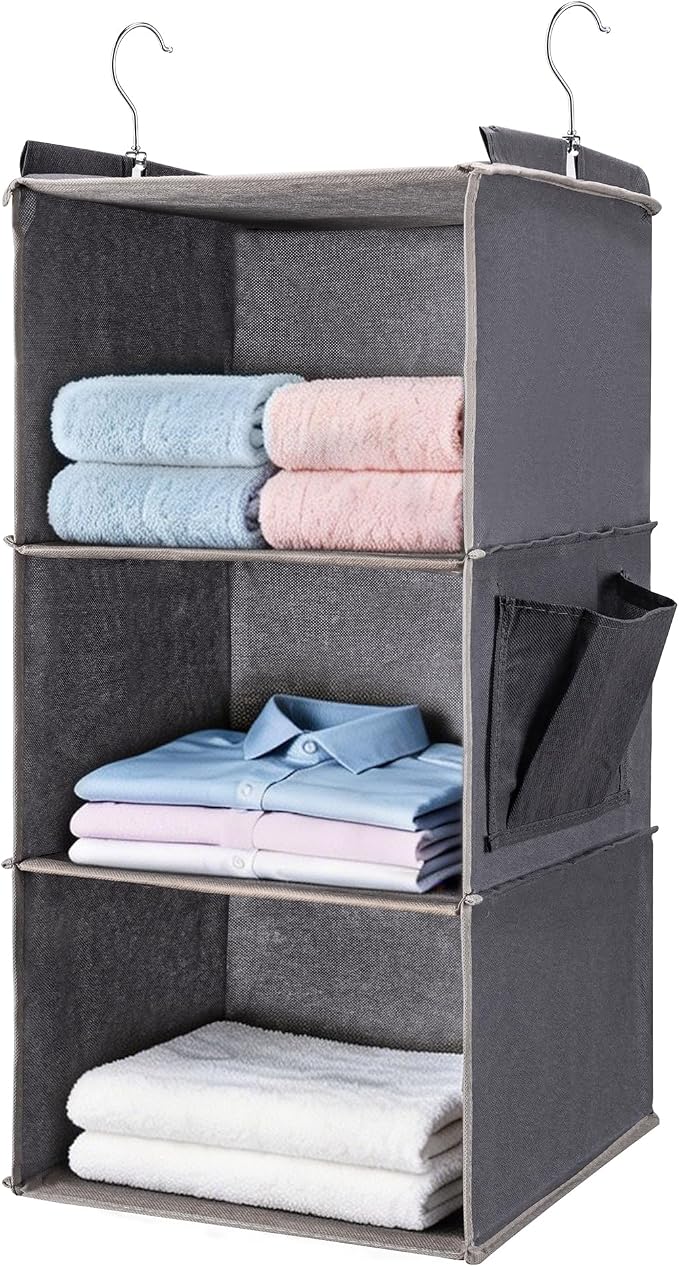 Hanging Closet Organizer and Shelves,3 Shelves with 1 Side Pockets (Grey) | Foldable, Grey Fabric, Modern Style, for Bedroom and Dorm Room by BOOMIBOO