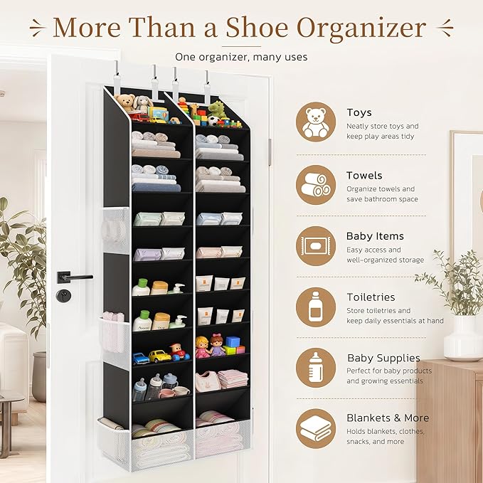 Criusia Over the Door Shoe Organizer, 20-30 Pairs Heavy-Duty Hanging Shoe Storage with Large Pockets, 10-Tier Door Shoe Rack with 4 Hooks for Sneakers Sandals Heels Boots (Black) - Image 7