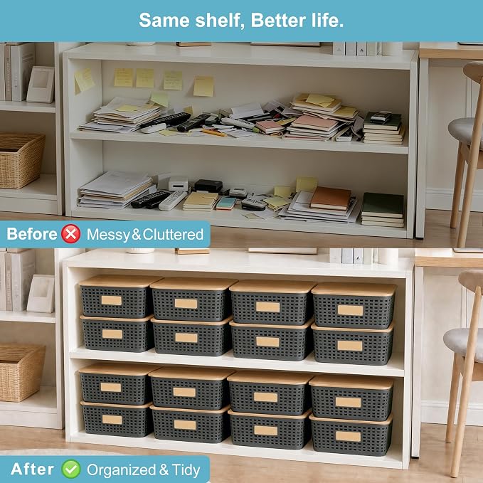 Bagnizer 4 Pack Plastic Storage Bins with Bamboo Lids, 6.2qt Stackable Storage Organizer Box with Lable for Pantry Shelves Drawers Desktop Office, 12"L x 8.3"W x 3.5"H, Gray - Image 7