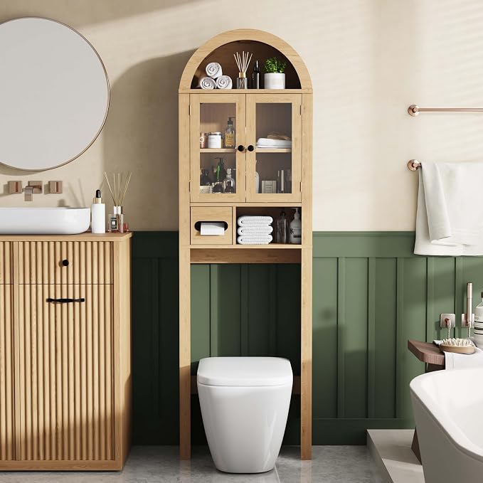 Arched Over the Toilet Storage Cabinet, Tempered Glass Doors, Natural Oak - Image 5
