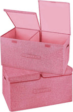 2 Pack Storage Boxes with Lids and Handles, Collapsible Linen Storage Bins Organizer Containers Baskets Cube with Removable Divider for Home Bedroom Closet Office (Pink, Large) by Unknown